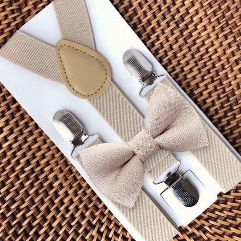 Biscotti Bow Tie for Wedding Bowtie & Suspenders, Tan Bow Tie for Ring Bearer or Mens Ties, Champagne Boys Bow Tie Suspenders Wedding Outfit