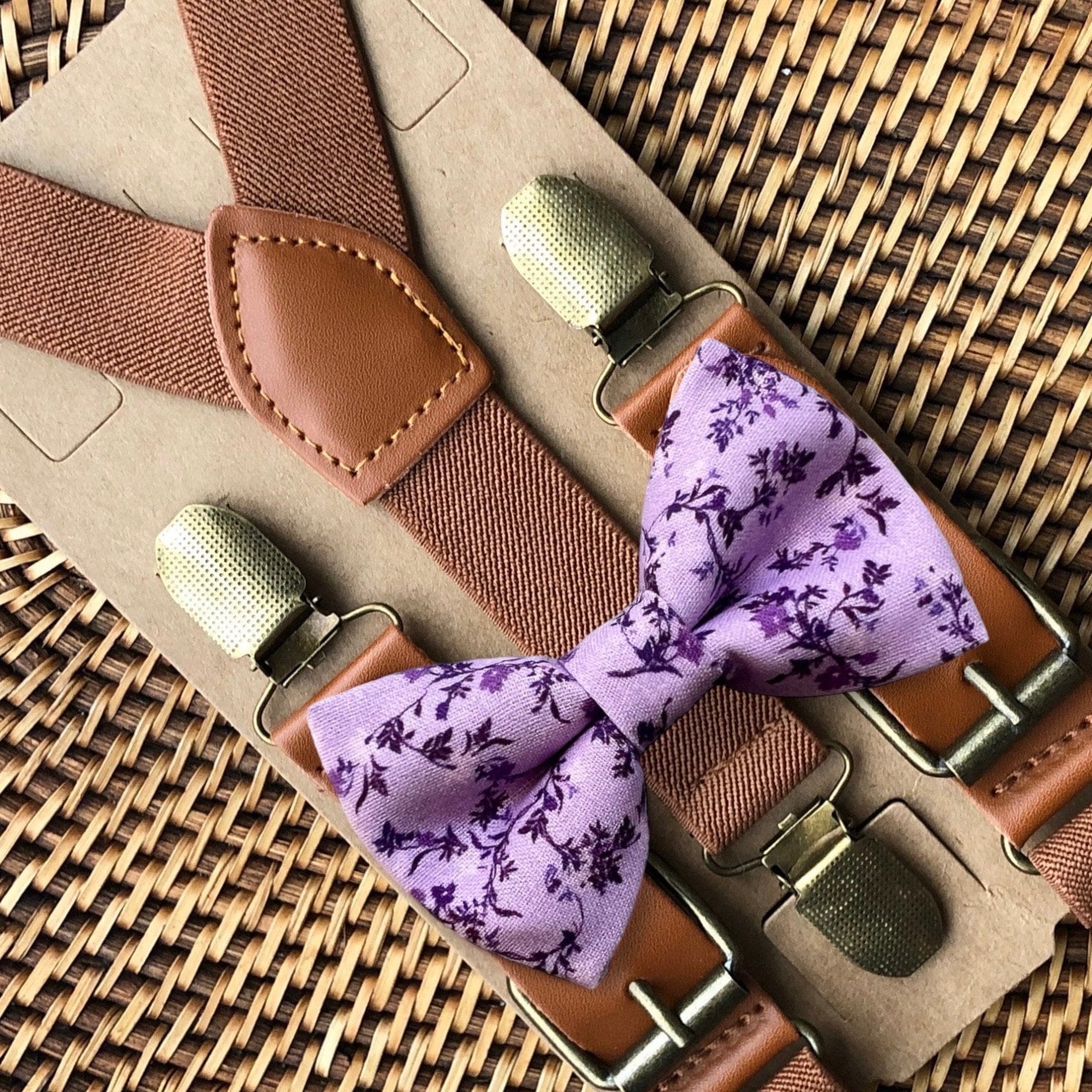 Lavender Floral Bow Tie & Cognac Brown Buckle Suspenders Set