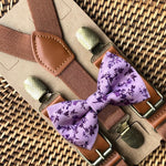 Load image into Gallery viewer, Lavender Floral Bow Tie &amp; Cognac Brown Buckle Suspenders Set
