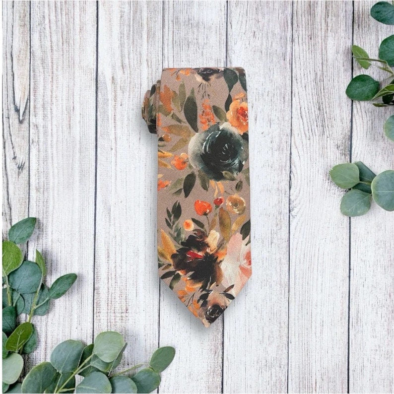 Taupe Orange Floral Necktie, Burnt Orange Bowtie, Bowties for Bohemian Wedding Accessories, Hanky Pocket Square for Mens Ties, Mens Gift