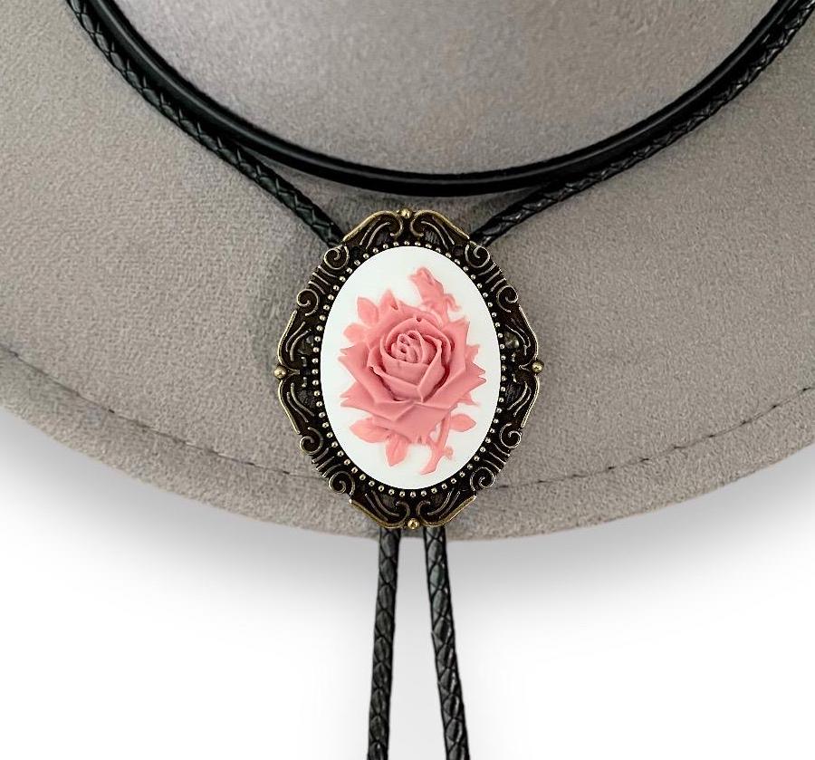 Bolo Tie with Rose - White & Pink Flower for Western Gifts