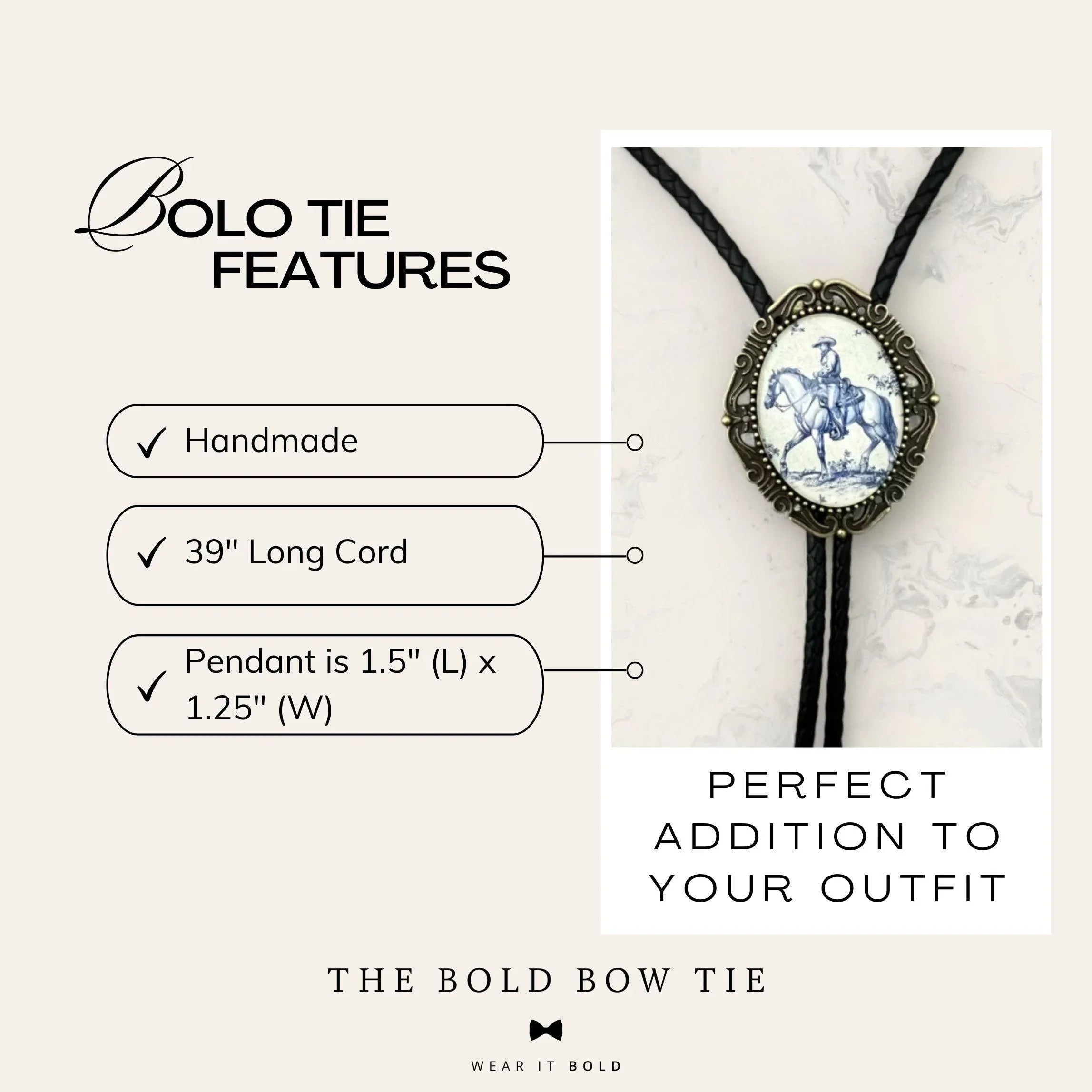 Silver back of a bolo tie with a clamp on a black leather cord
