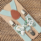 Floral bowtie and suspenders for men, toddlers, and boys.