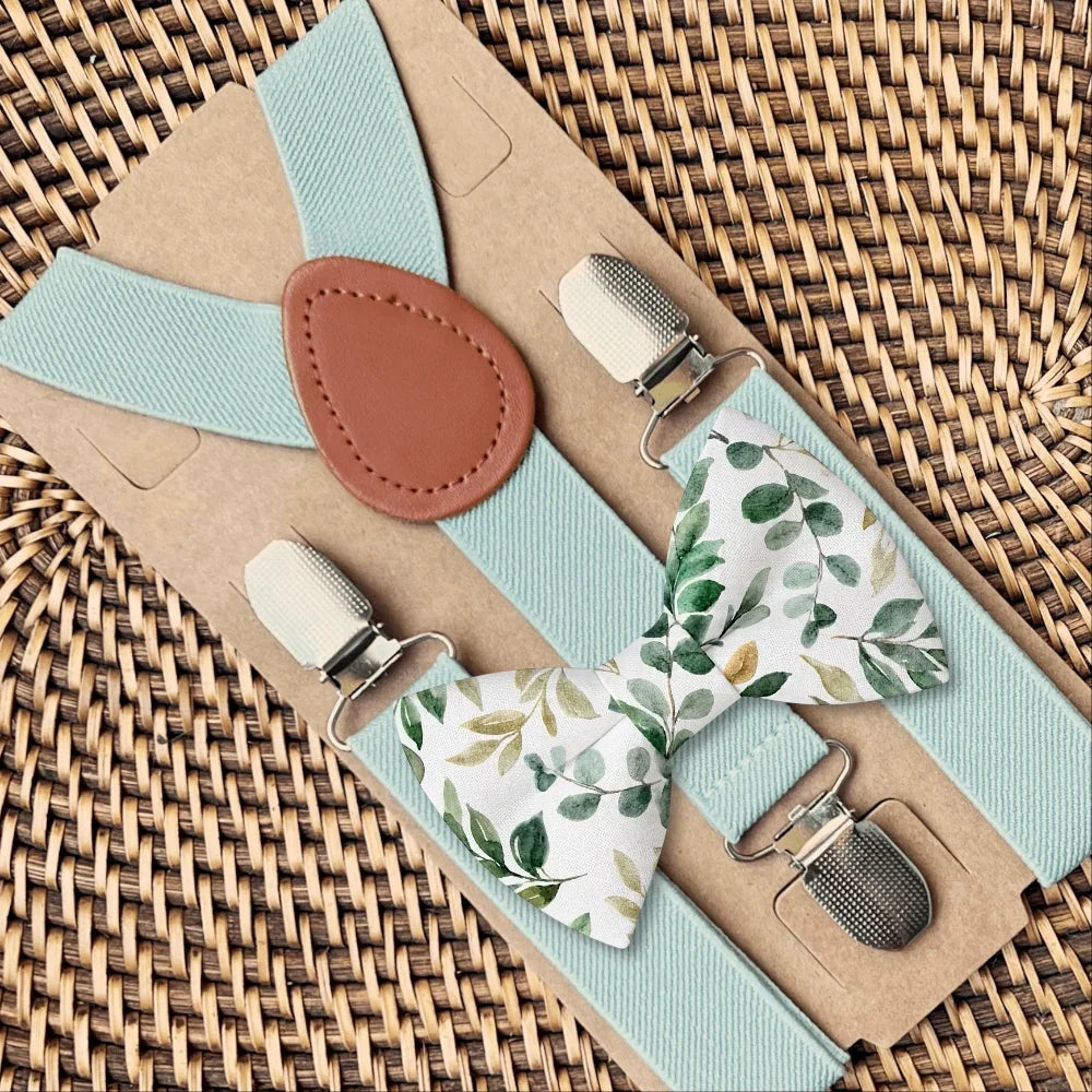Floral bowtie and suspenders for men, toddlers, and boys.