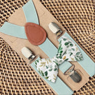 Floral bowtie and suspenders for men, toddlers, and boys.
