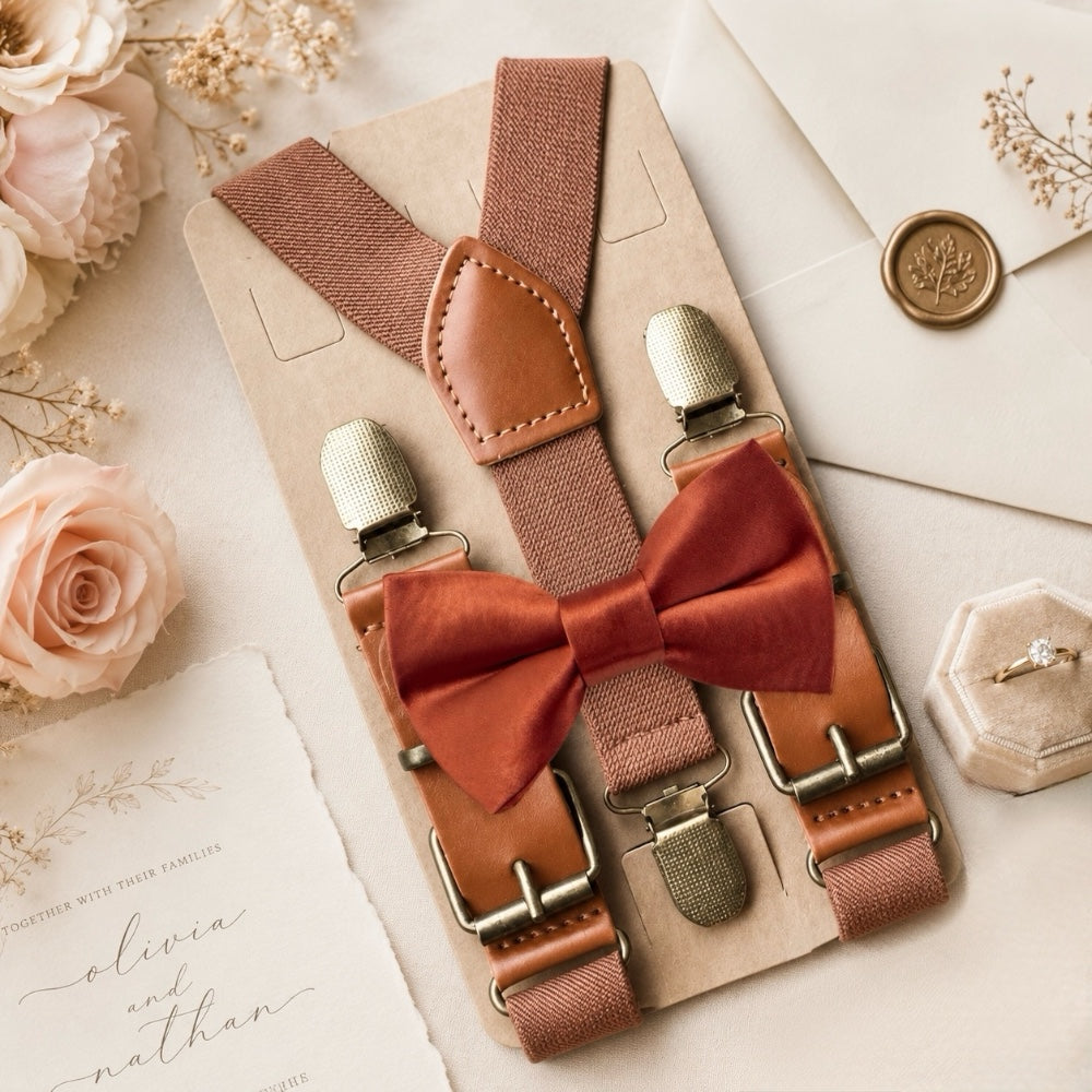 Terracotta bowtie for men, toddlers, boys and groomsmen with brown suspenders.