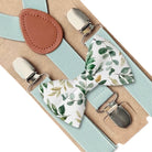 The Bold Bow Tie sage green floral bow tie and matching adjustable suspenders with brown leather detail
