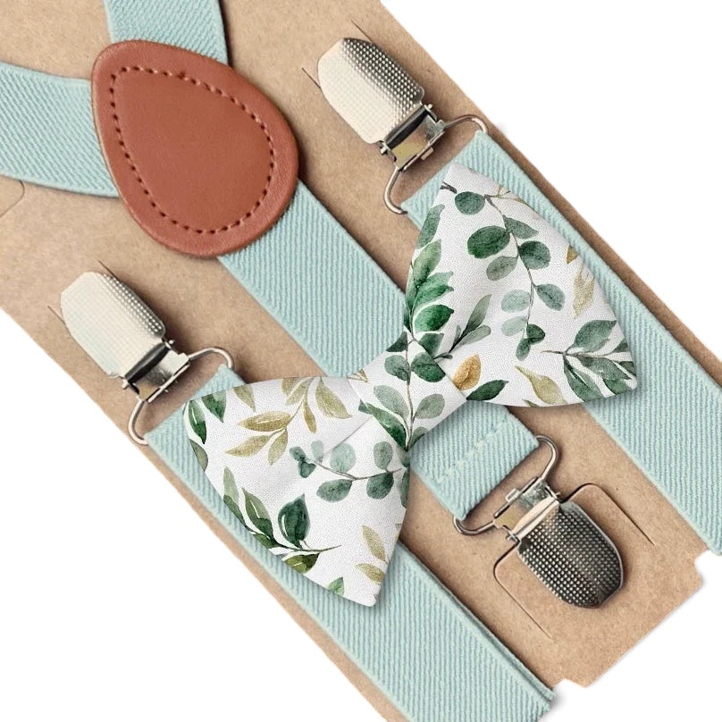 The Bold Bow Tie sage green floral bow tie and matching adjustable suspenders with brown leather detail