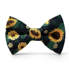 The Bold Bow Tie pre-tied cotton bow tie featuring a vibrant sunflower floral pattern on a dark green background.