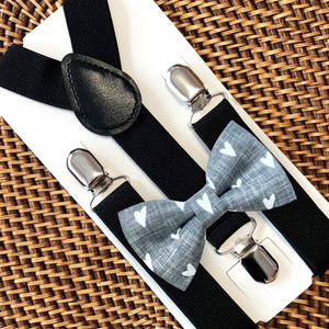 Grey Hearts Bow Tie & Black Elastic Suspenders Set
