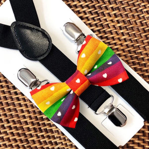 Rainbow Stripes & Hearts Pride Bow Tie & Black Suspenders Set