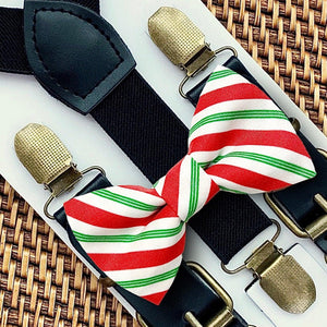 Red & Green Peppermint Stick Bow Tie & Black Buckled Suspenders