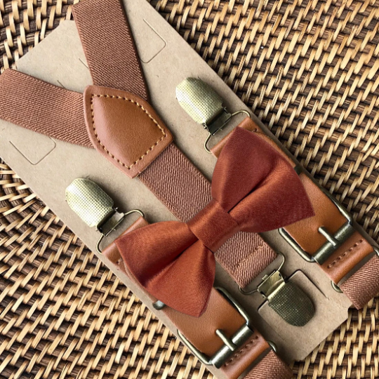Satin Terracotta Bow Tie & Cognac Buckle Suspenders Set