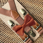 Load image into Gallery viewer, Satin Terracotta Bow Tie &amp; Cognac Buckle Suspenders Set
