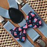 Load image into Gallery viewer, American Flag Bow Tie &amp; Dusty Blue Suspenders Set
