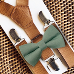 Load image into Gallery viewer, Dusty Sage Bow Tie &amp; Tan Vegan Leather Suspenders Set
