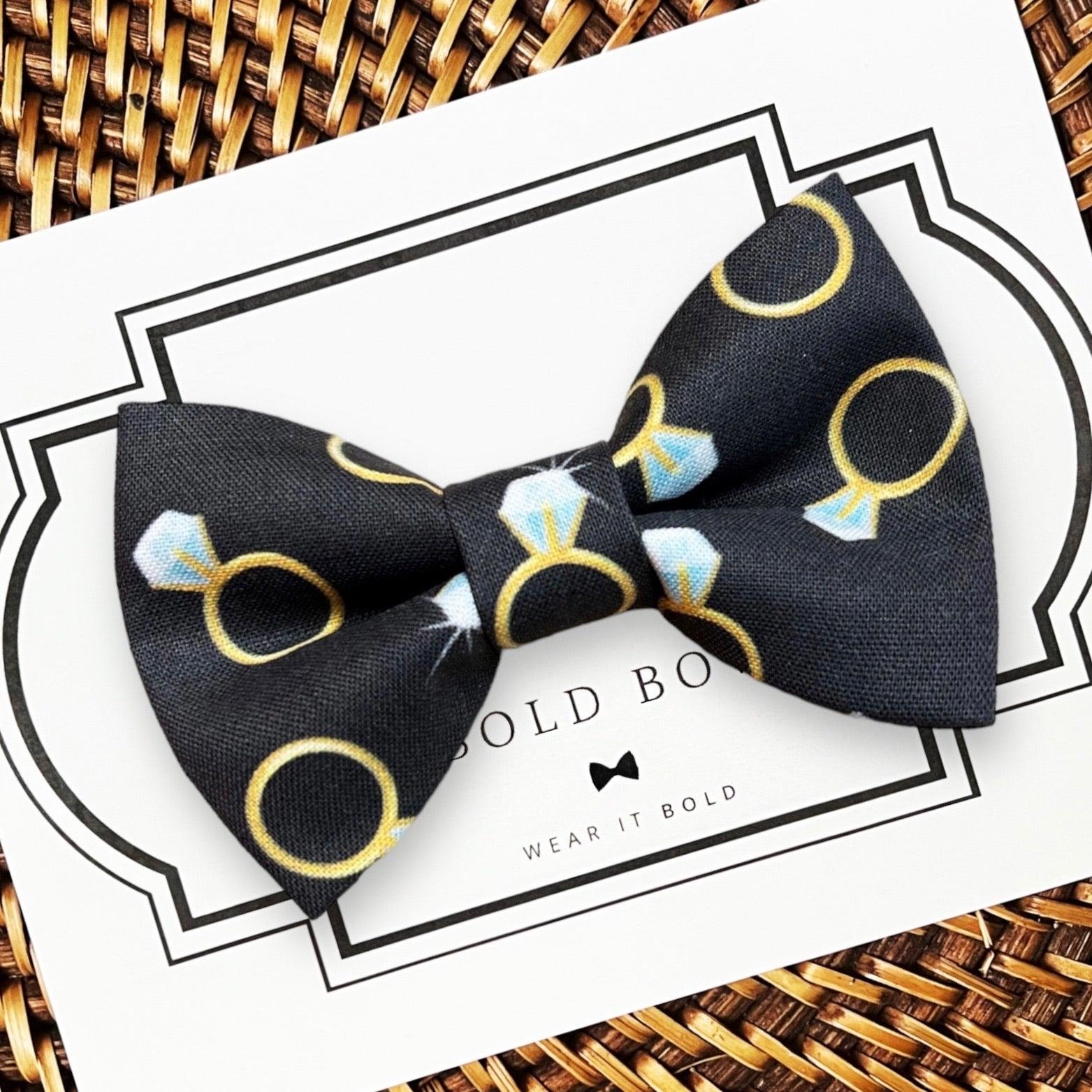 Engagement Ring on Black Bow Tie for Dog Collar and Cat Collar