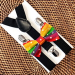 Load image into Gallery viewer, Rainbow Stripes &amp; Hearts Pride Bow Tie &amp; Black Suspenders Set
