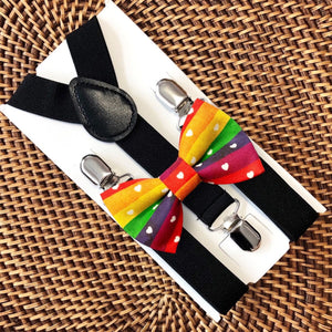 Rainbow Stripes & Hearts Pride Bow Tie & Black Suspenders Set