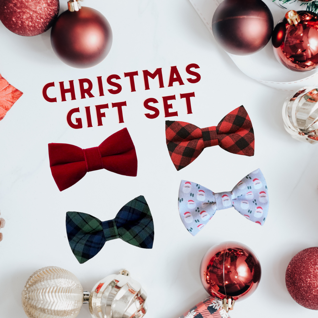 a christmas gift set with bow ties and ornaments