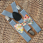 Load image into Gallery viewer, Wonderland Garden Bow Tie &amp; Dusty Blue Elastic Suspenders Set
