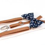 Load image into Gallery viewer, Navy Anchor Bow Tie &amp; Tan Vegan Leather Suspender Set
