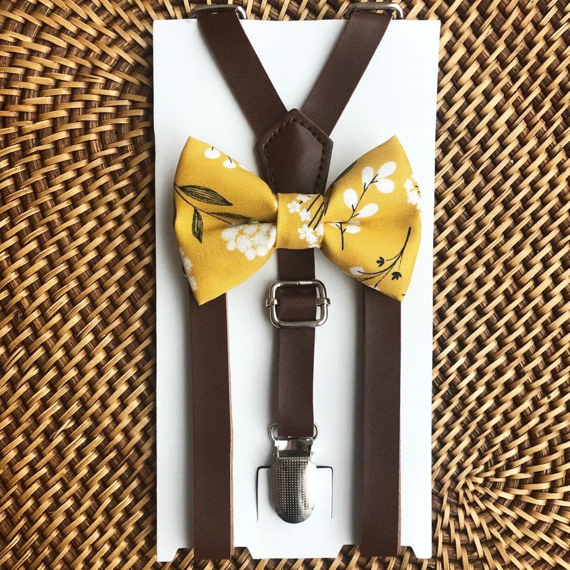 Mustard Floral Bow Tie & Dark Brown Vegan Leather Suspenders Set