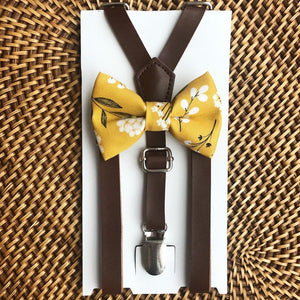 Mustard Floral Bow Tie & Dark Brown Vegan Leather Suspenders Set