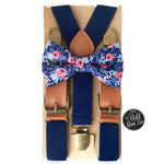 Load image into Gallery viewer, Navy Rose Bow Tie &amp; Navy Buckle Suspenders Set

