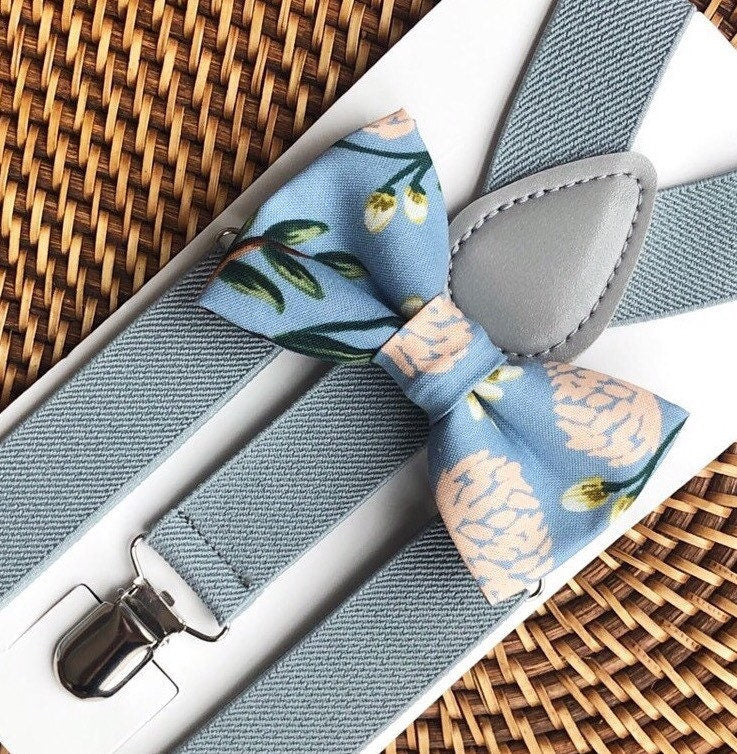 Dusty Blue Floral Bow Tie & Light Gray Suspenders Set