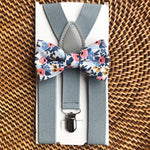 Load image into Gallery viewer, White &amp; Navy Rose Bow Tie &amp; Light Grey Suspenders Set
