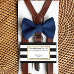 Load image into Gallery viewer, Navy Bow Tie &amp; Dark Brown Vegan Leather Suspenders Set

