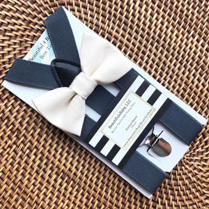 White Bow Tie & Dark Grey Suspenders Set