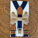 Load image into Gallery viewer, A cowboy chic burlap bow tie on rustic navy buckled suspenders for a cowboy wedding. 
