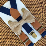 Load image into Gallery viewer, A cowboy chic burlap bow tie on rustic navy buckled suspenders for a cowboy wedding. 
