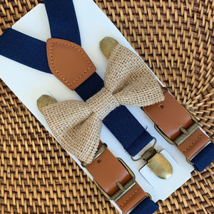 Burlap Bow Tie & Navy Blue Buckle Suspenders Set
