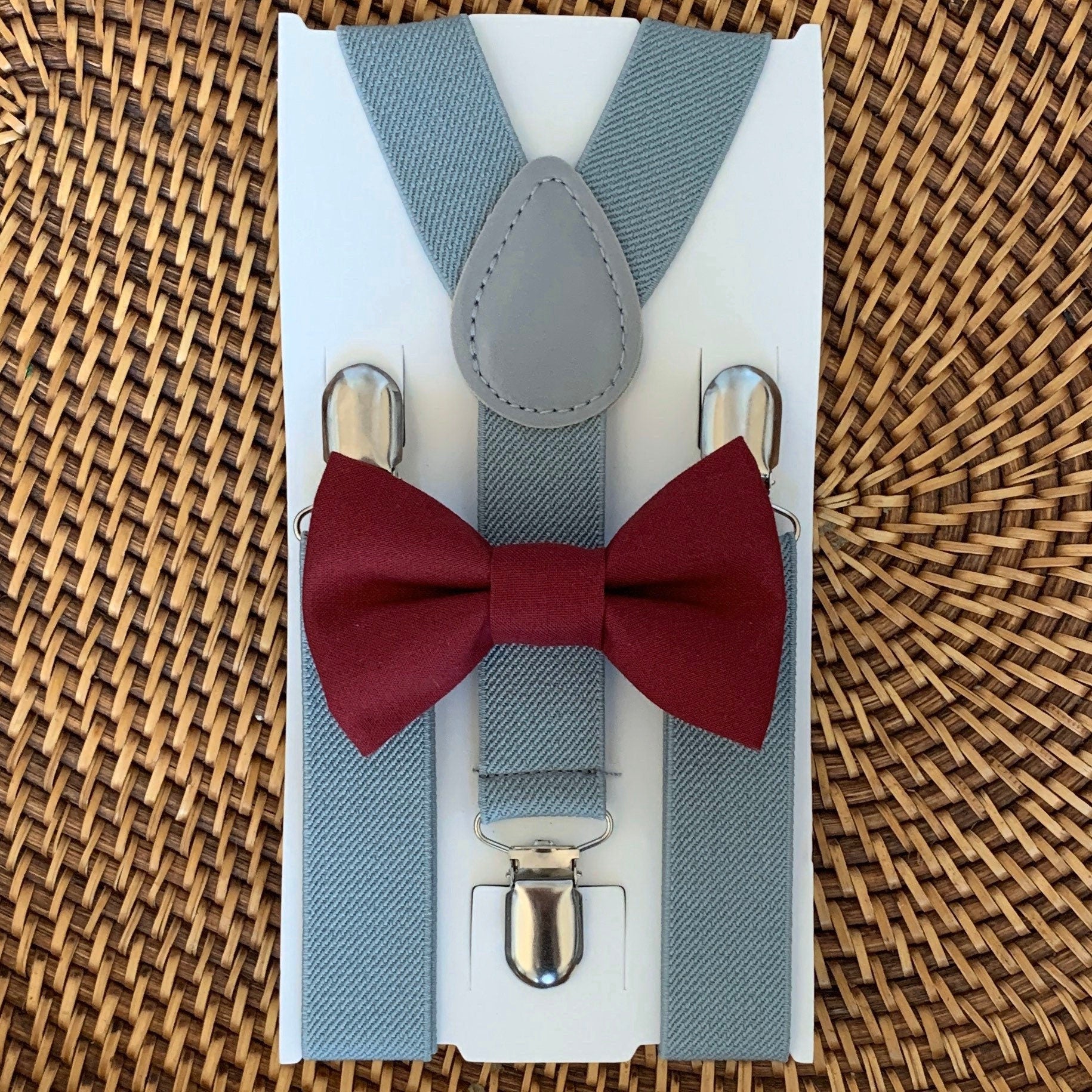 Burgundy Bow Tie & Light Grey Suspenders Set