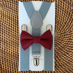 Load image into Gallery viewer, Burgundy Bow Tie &amp; Light Grey Suspenders Set
