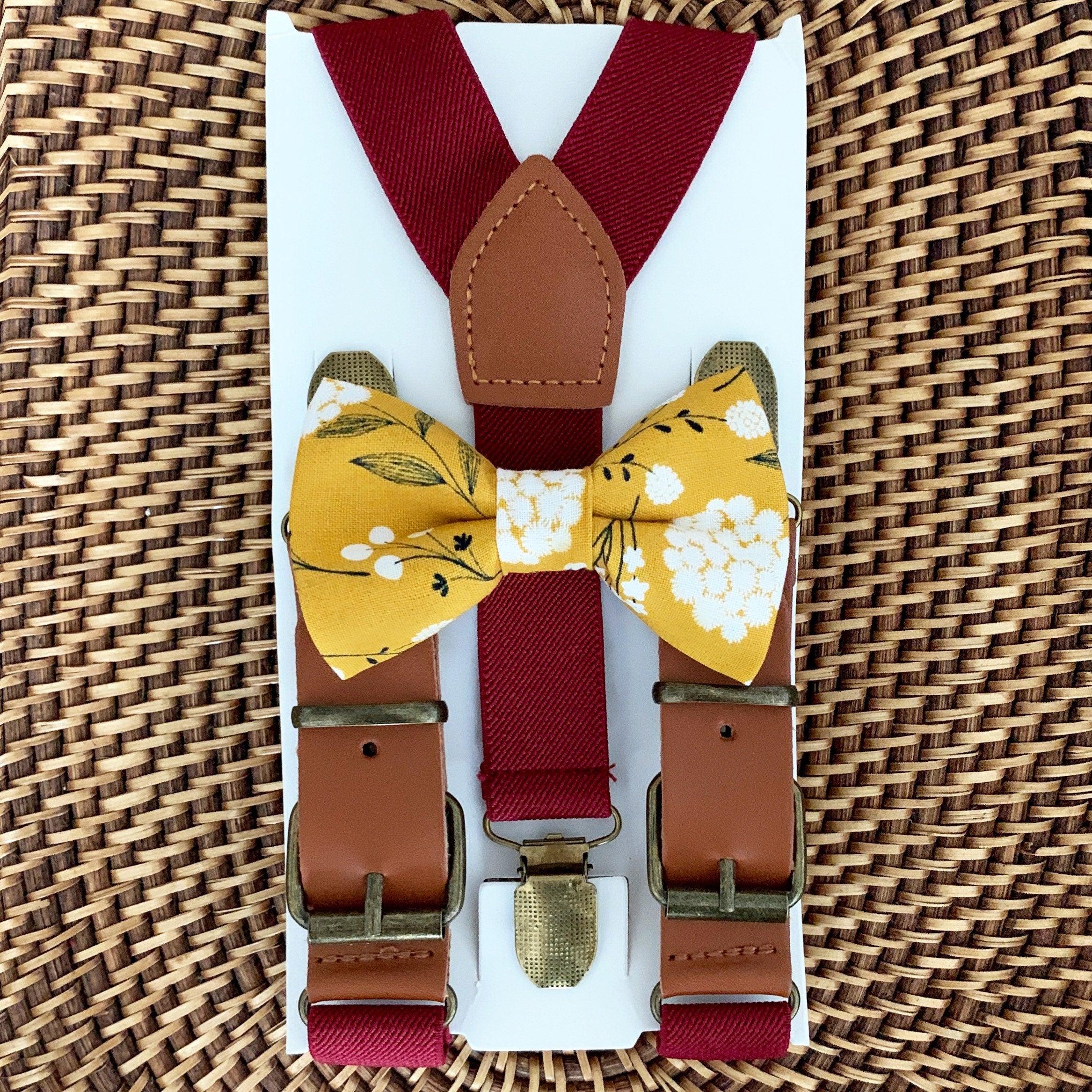 Mustard Floral Bow Tie & Burgundy Buckle Suspenders Set