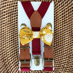 Load image into Gallery viewer, Mustard Floral Bow Tie &amp; Burgundy Buckle Suspenders Set
