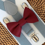 Load image into Gallery viewer, Burgundy Bow Tie &amp; Light Grey Suspenders Set
