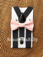 Load image into Gallery viewer, Blush Bow Tie &amp; Dark Gray Suspenders Set
