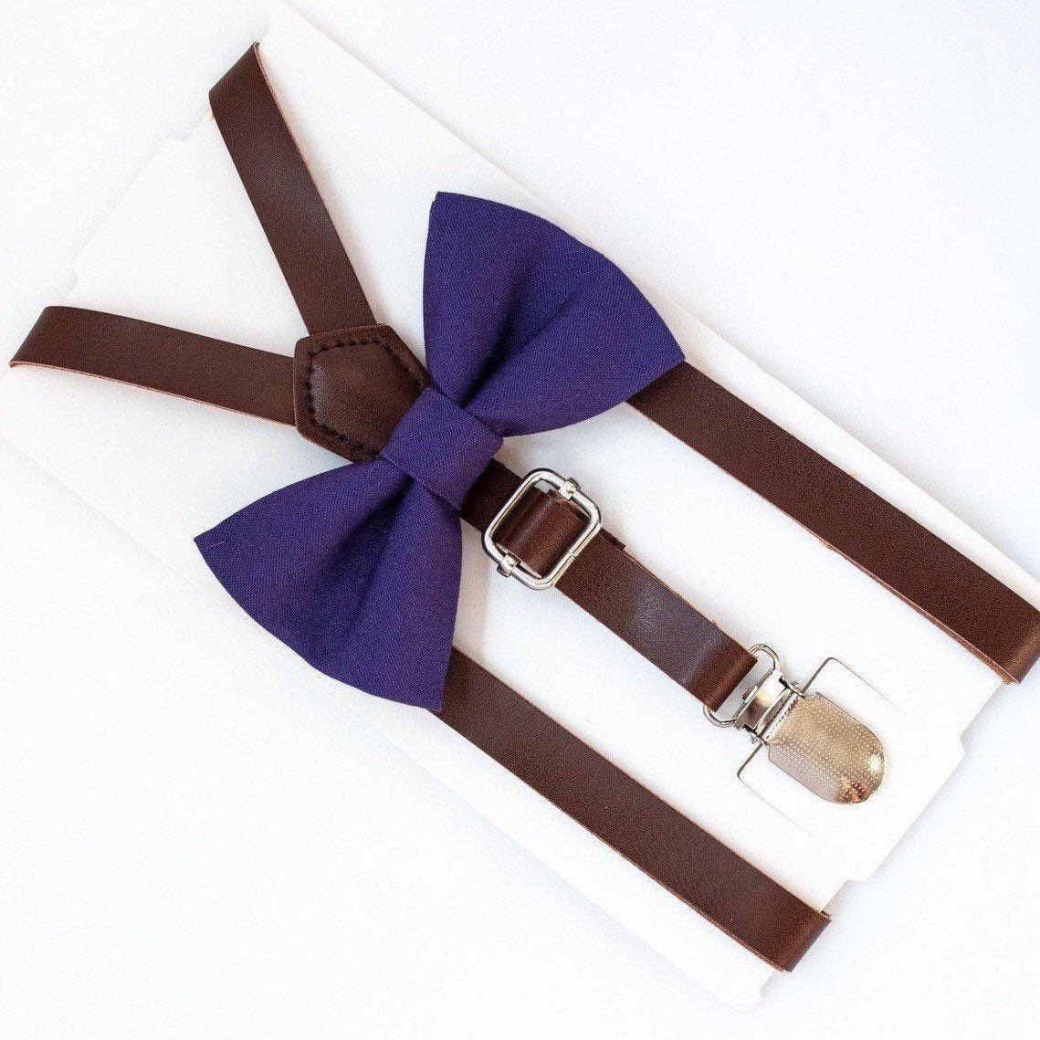Plum Bow Tie & Dark Brown Vegan Leather Suspenders Set