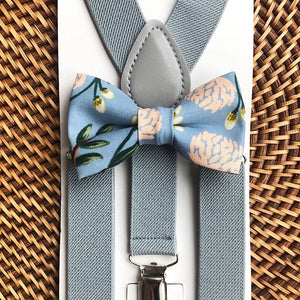 Dusty Blue Floral Bow Tie & Light Gray Suspenders Set