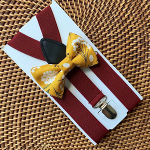 Mustard Floral Bow Tie & Burgundy Suspenders Set