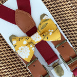 Load image into Gallery viewer, Mustard Floral Bow Tie &amp; Burgundy Buckle Suspenders Set
