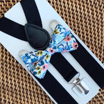 Load image into Gallery viewer, White Rose Bow Tie &amp; Black Suspenders Set
