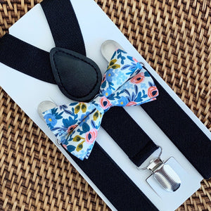 White Rose Bow Tie & Black Suspenders Set