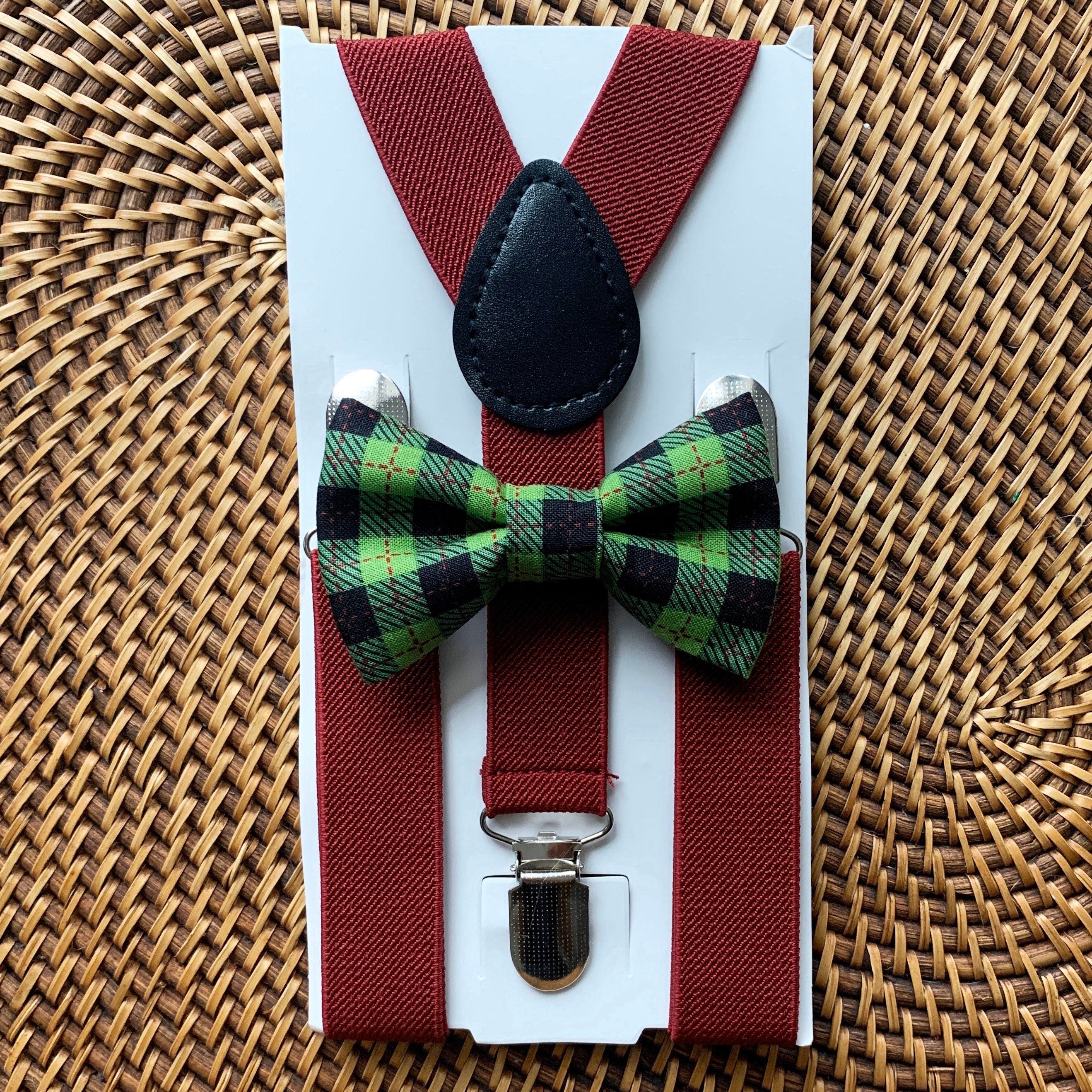 Green Plaid Bow Tie & Burgundy Suspenders Set