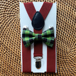 Load image into Gallery viewer, Green Plaid Bow Tie &amp; Burgundy Suspenders Set
